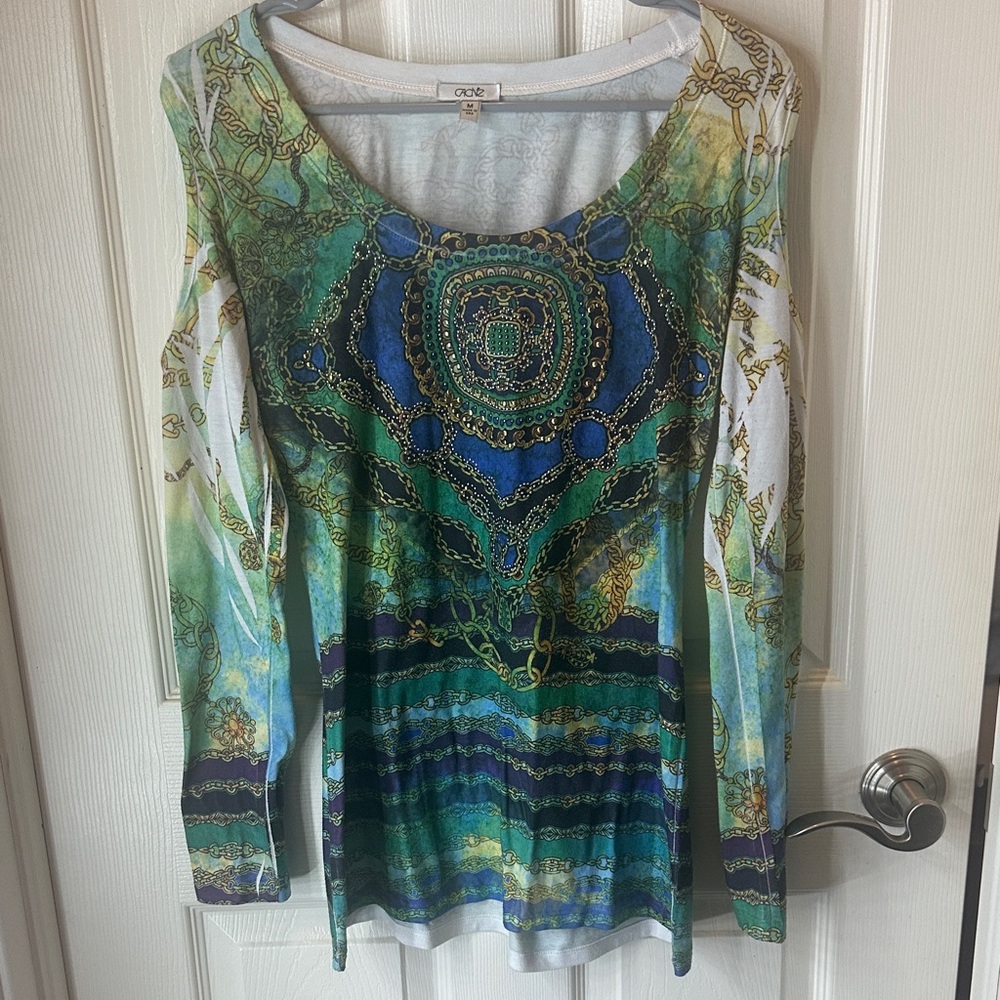 Cache Blue and Green Patterned Blouse